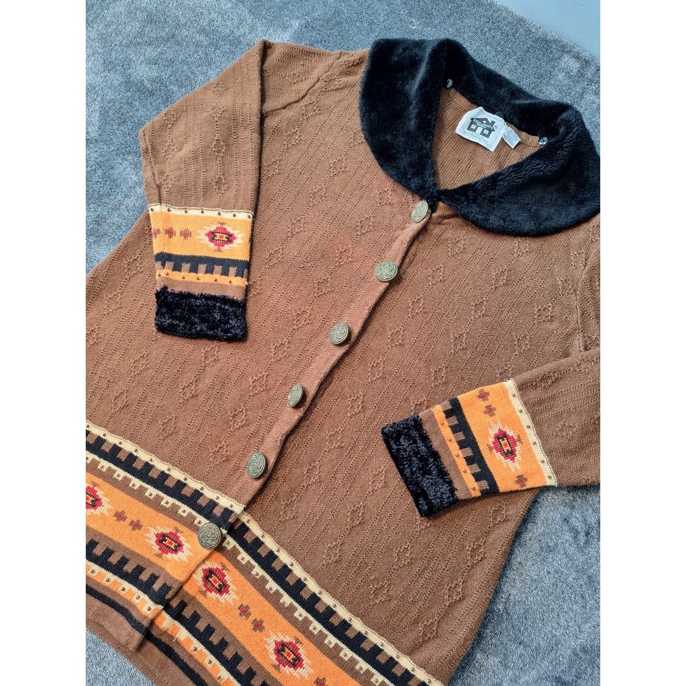 Storybook Knits Faux Fur Collar Tunic Cardigan Sweater Womens‎ XL Brown Aztec...